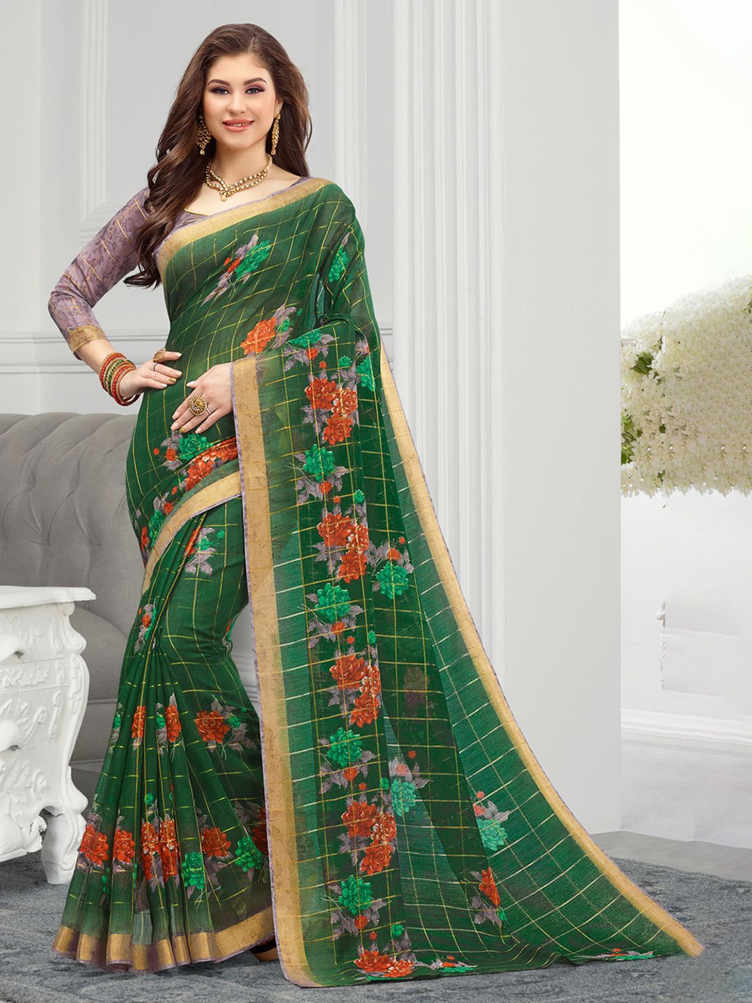 

SANGAM PRINTS Floral Zari Tussar Saree, Green
