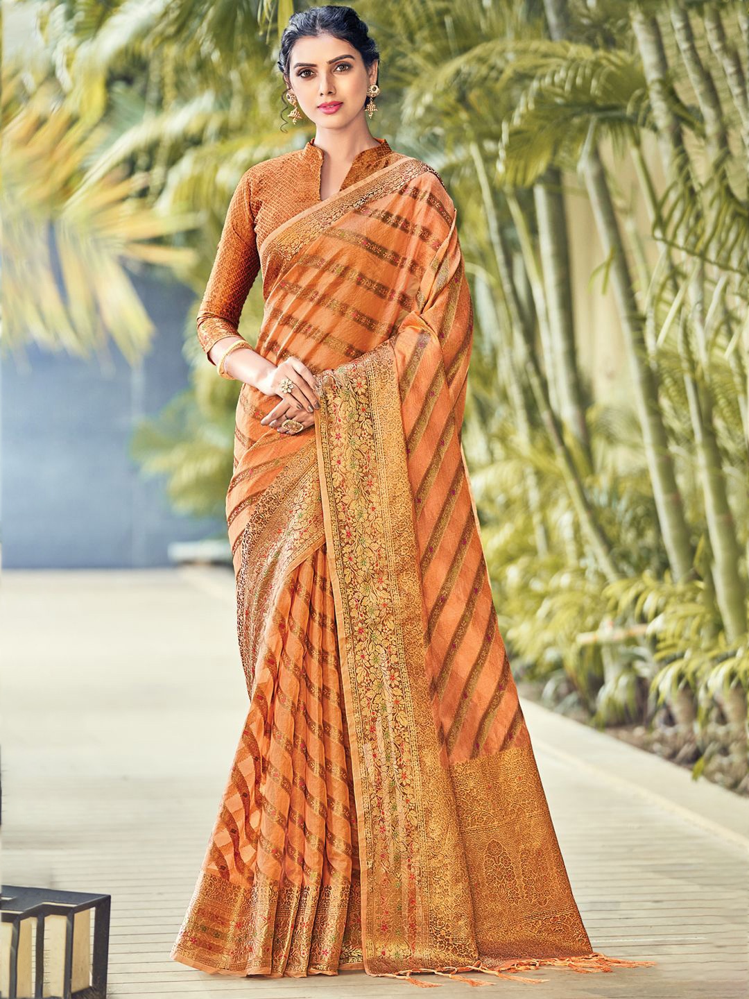 

SANGAM PRINTS Woven Design Zari Organza Tussar Saree, Orange