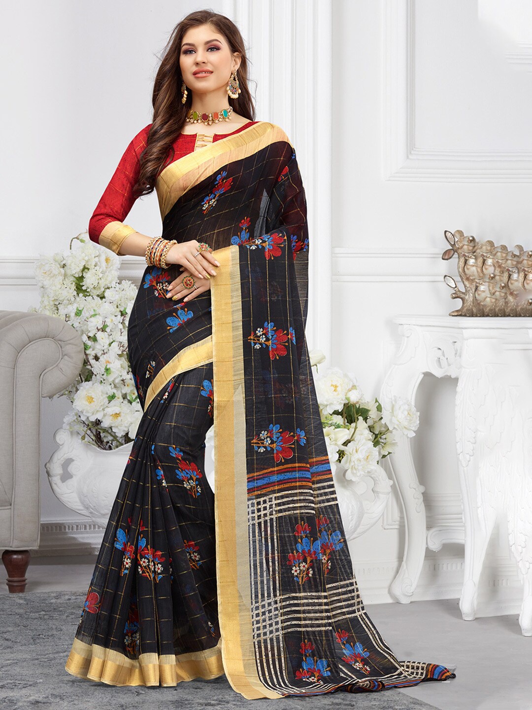 

SANGAM PRINTS Floral Zari Tussar Saree, Black