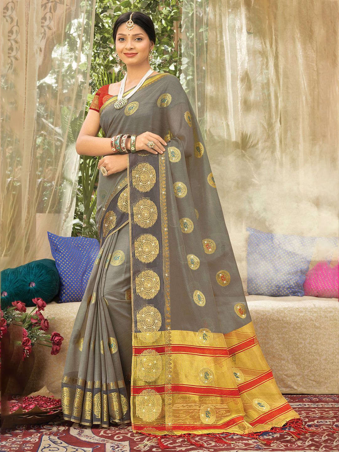 

SANGAM PRINTS Woven Design Zari Organza Tussar Saree, Grey