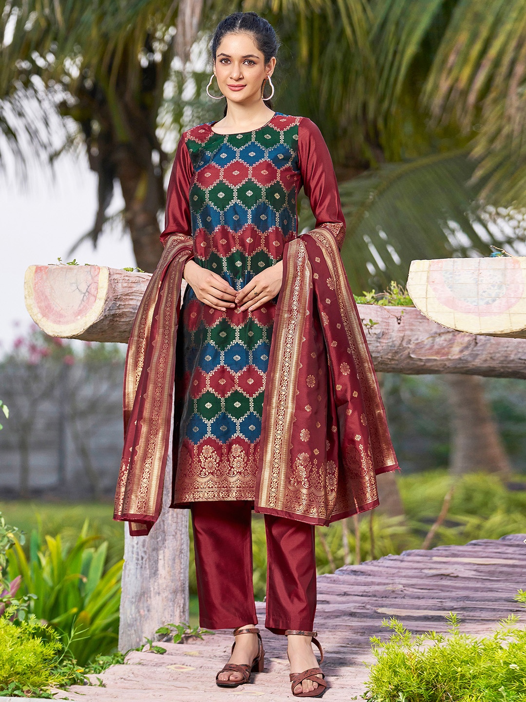 

KALINI Ethnic Motifs Woven Design Jacquard Art Silk Straight Kurta With Trousers & Dupatta, Maroon