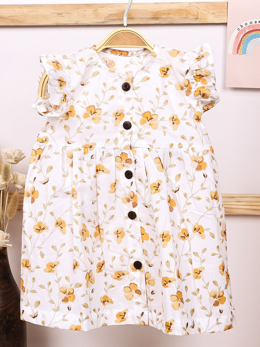 

Moms Home Print Flutter Sleeve Organic Cotton Fit & Flare Dress, Yellow