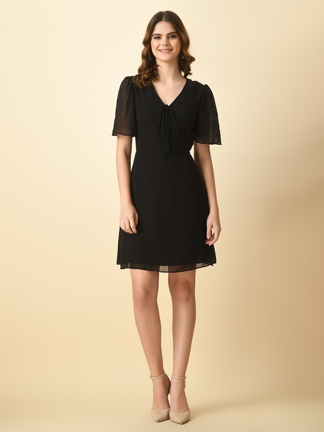 

Tushita Flared Sleeve Georgette A-Line Dress, Black
