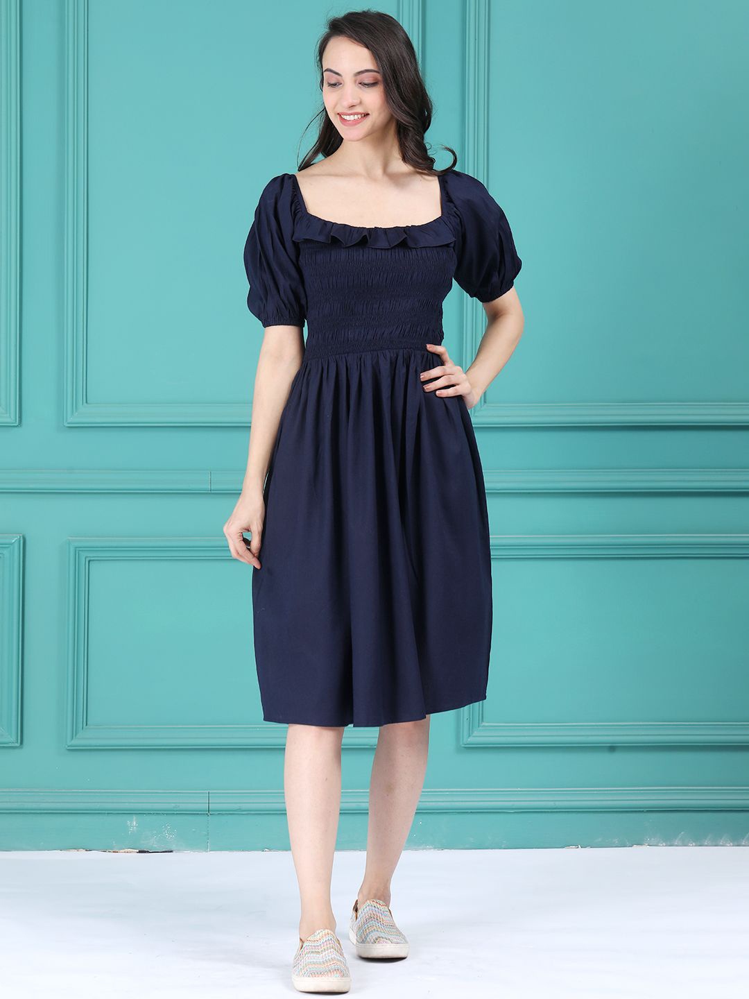 

Tushita Puff Sleeve Fit & Flare Dress, Navy blue