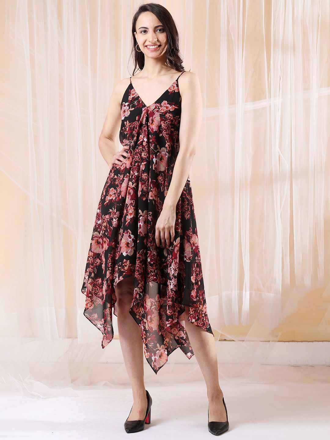 Tushita Floral Print Georgette Fit & Flare Midi Dress, Black