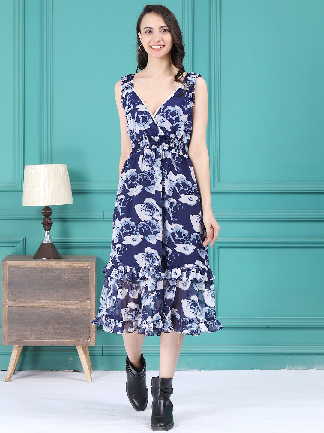 

Tushita Floral Print Georgette A-Line Midi Dress, Blue