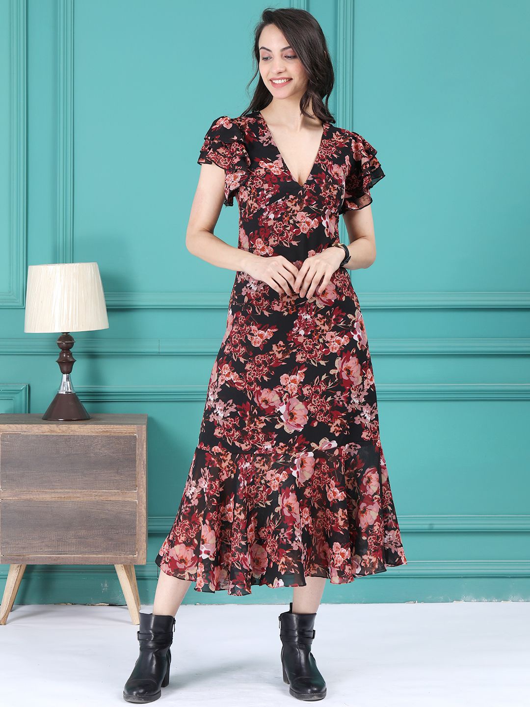 Tushita Floral Print Ruffled Georgette A-Line Midi Dress, Black