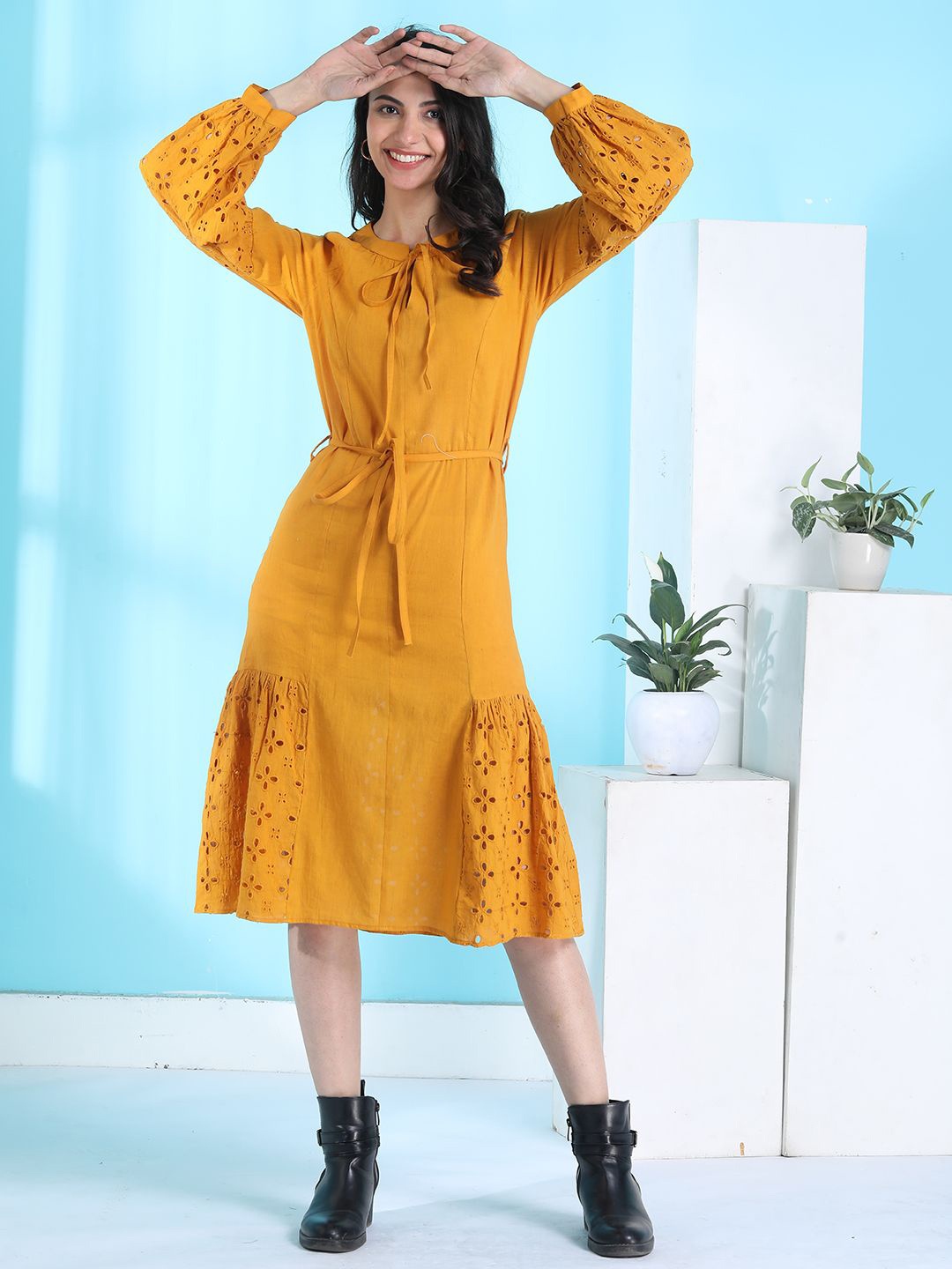 

Tushita Tie-Up Neck Puff Sleeve A-Line Midi Dress, Rust