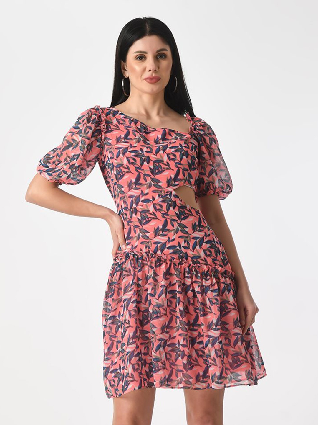 

Tushita Floral Print Puff Sleeve Georgette Fit & Flare Dress, Pink