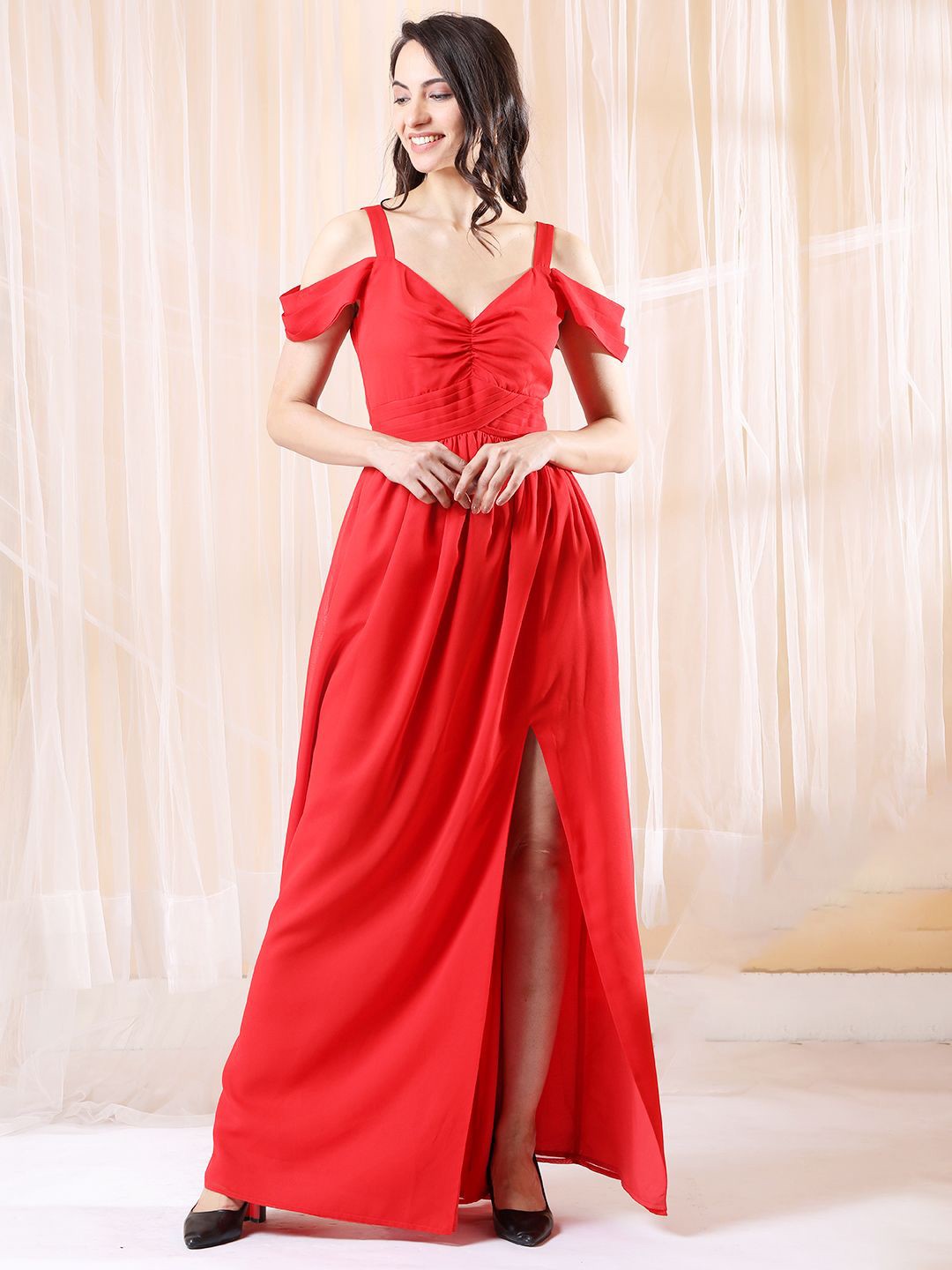 

Tushita Cold-Shoulder Georgette Maxi Dress, Red