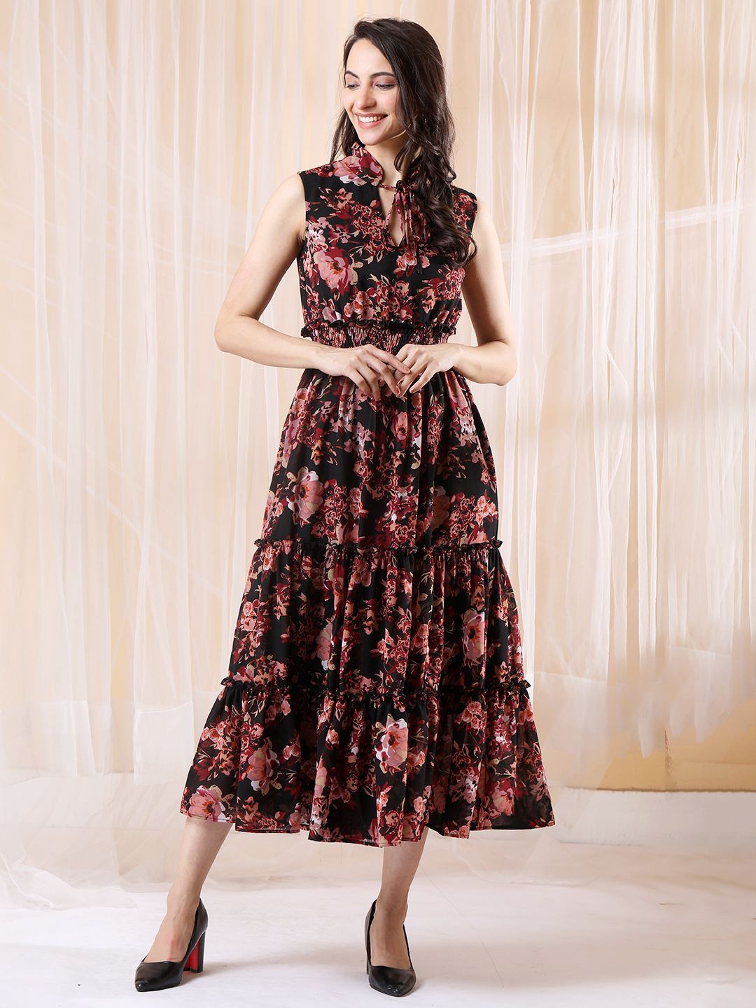 

Tushita Floral Print Georgette A-Line Midi Dress, Black