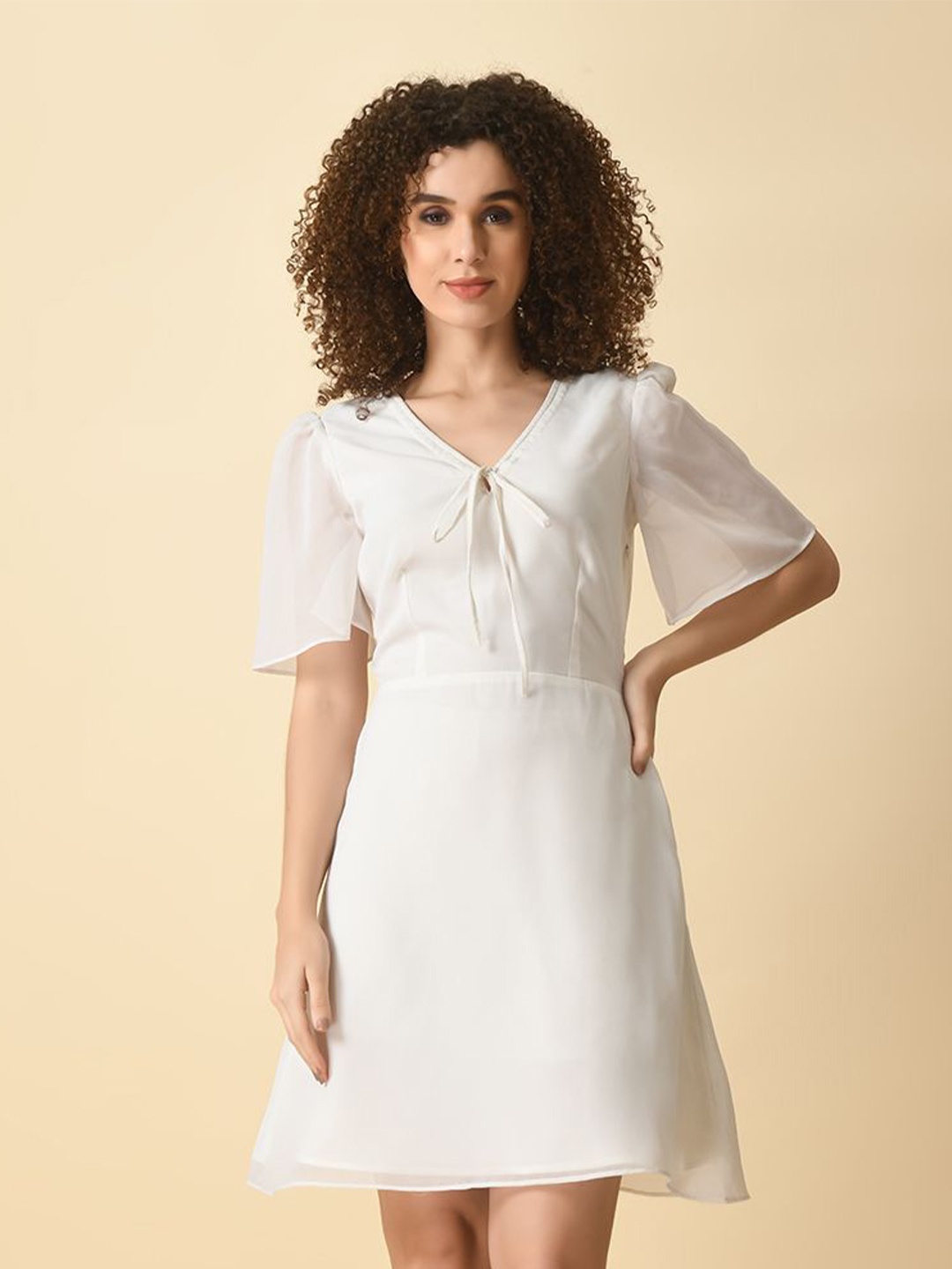 

Tushita Flared Sleeve Georgette Fit & Flare Dress, White