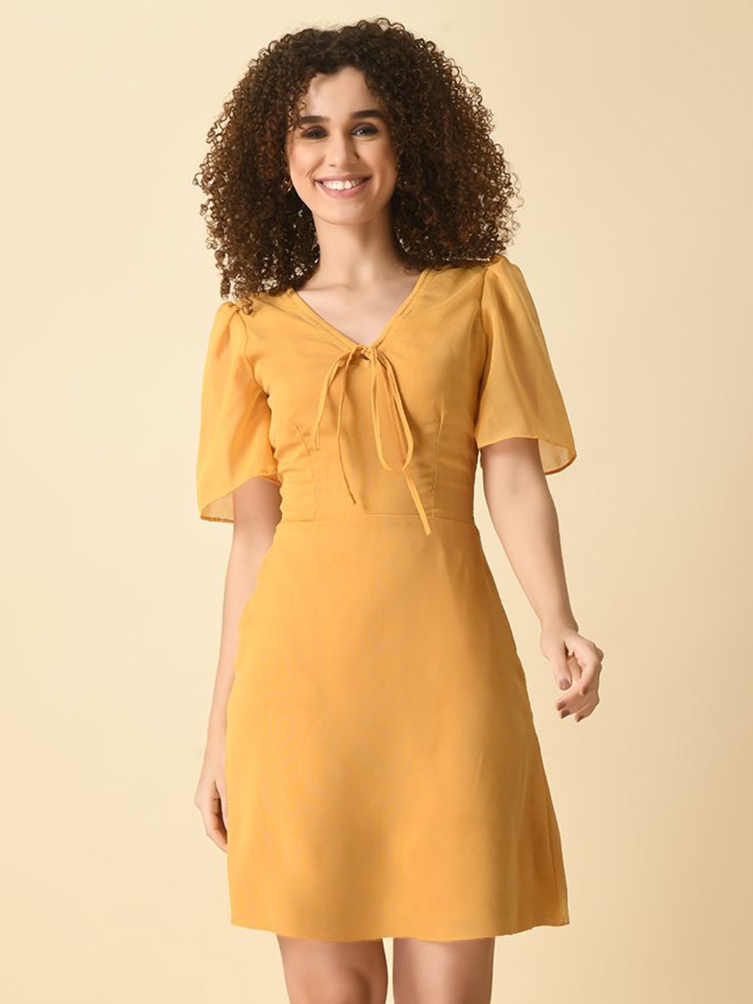 

Tushita Flared Sleeve Georgette Dress, Mustard