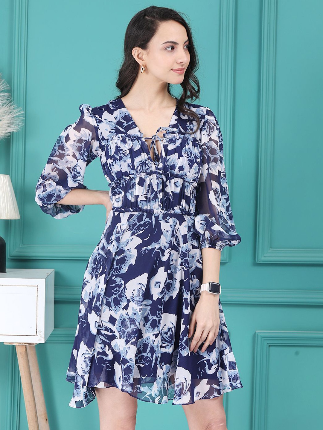 

Tushita Floral Print Flared Sleeve Georgette A-Line Dress, Blue