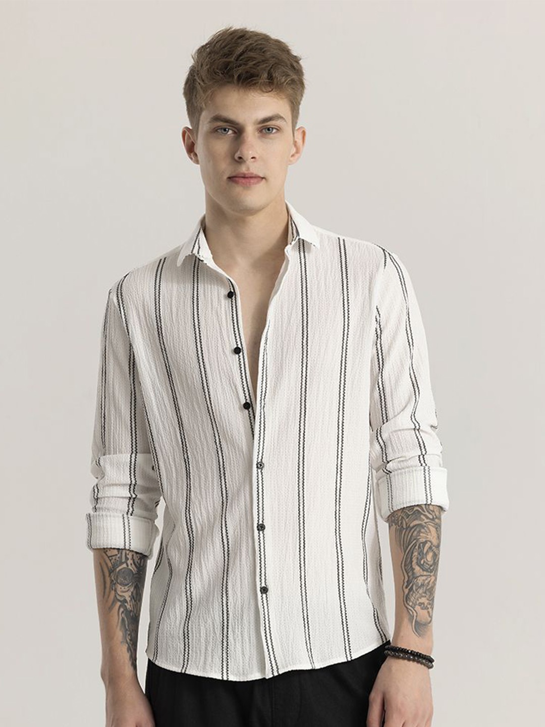 

Snitch Men Classic Slim Fit Opaque Striped Casual Shirt, White