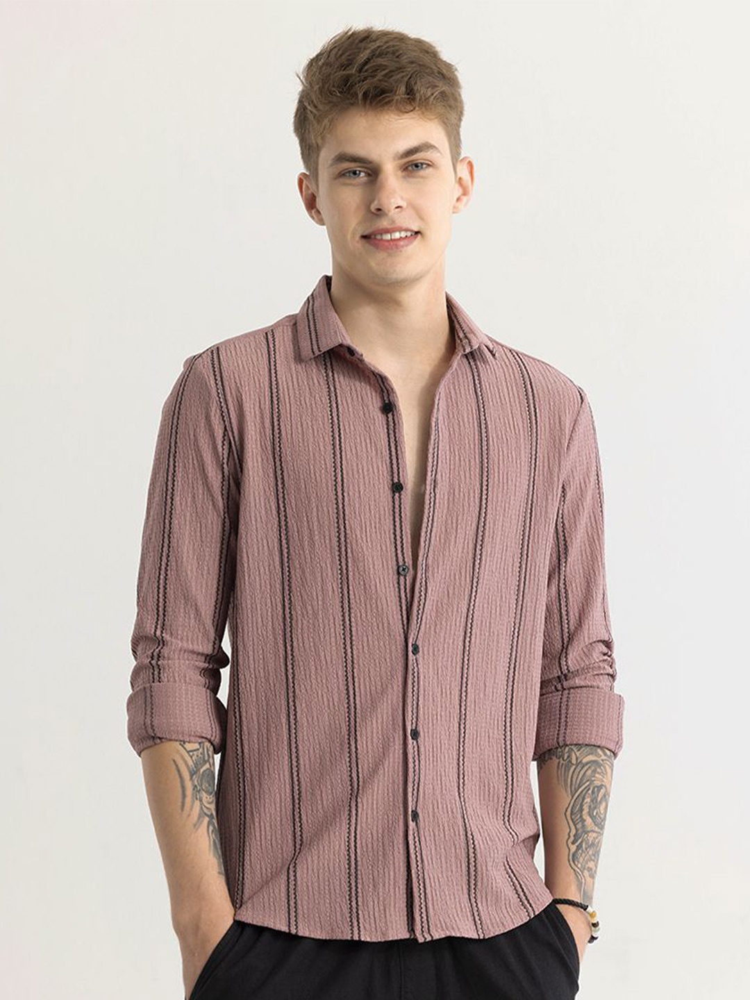 

Snitch Men Classic Slim Fit Opaque Striped Casual Shirt, Mauve