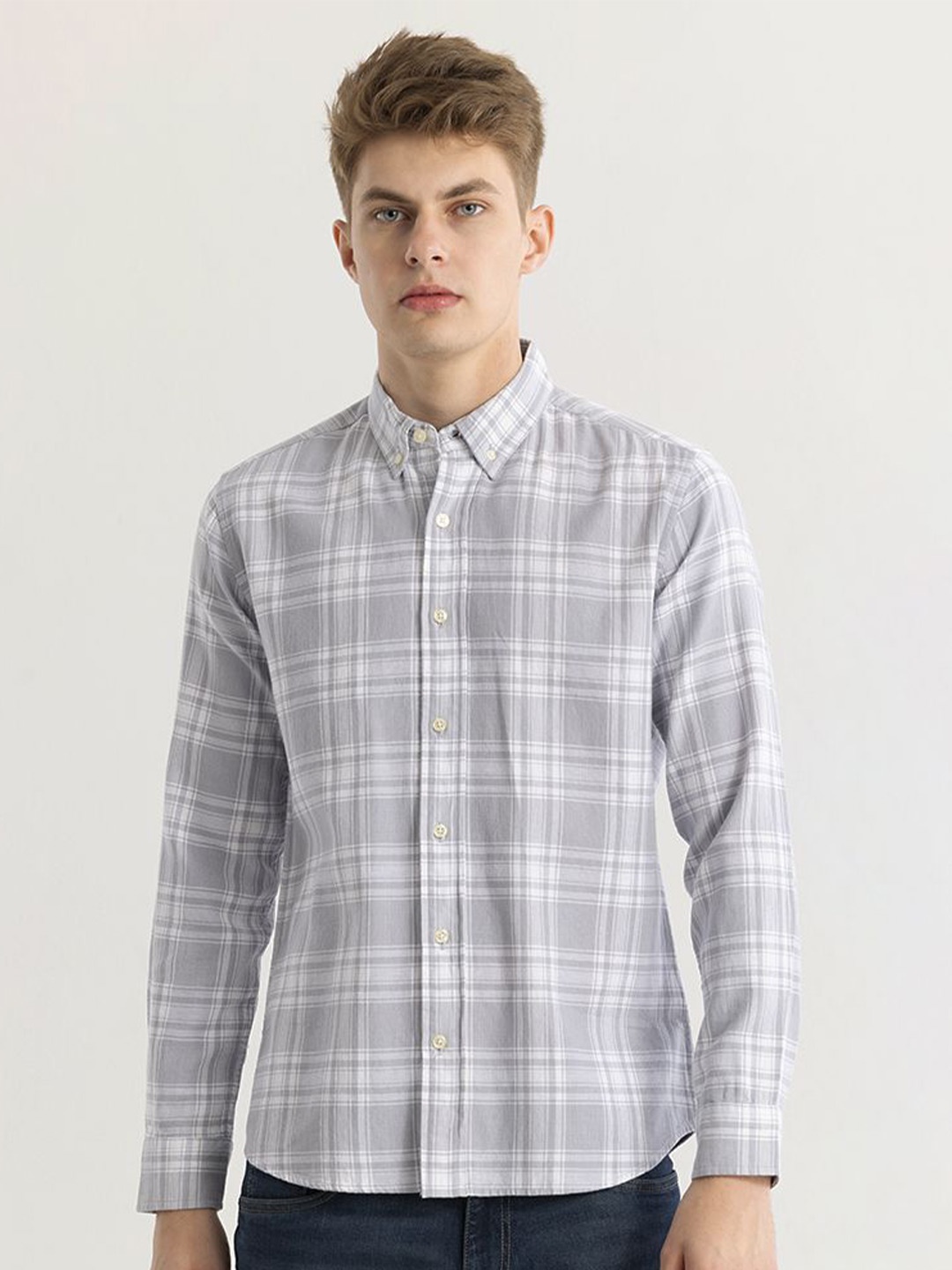 

Snitch Men Classic Slim Fit Tartan Checks Opaque Checked Casual Shirt, Grey