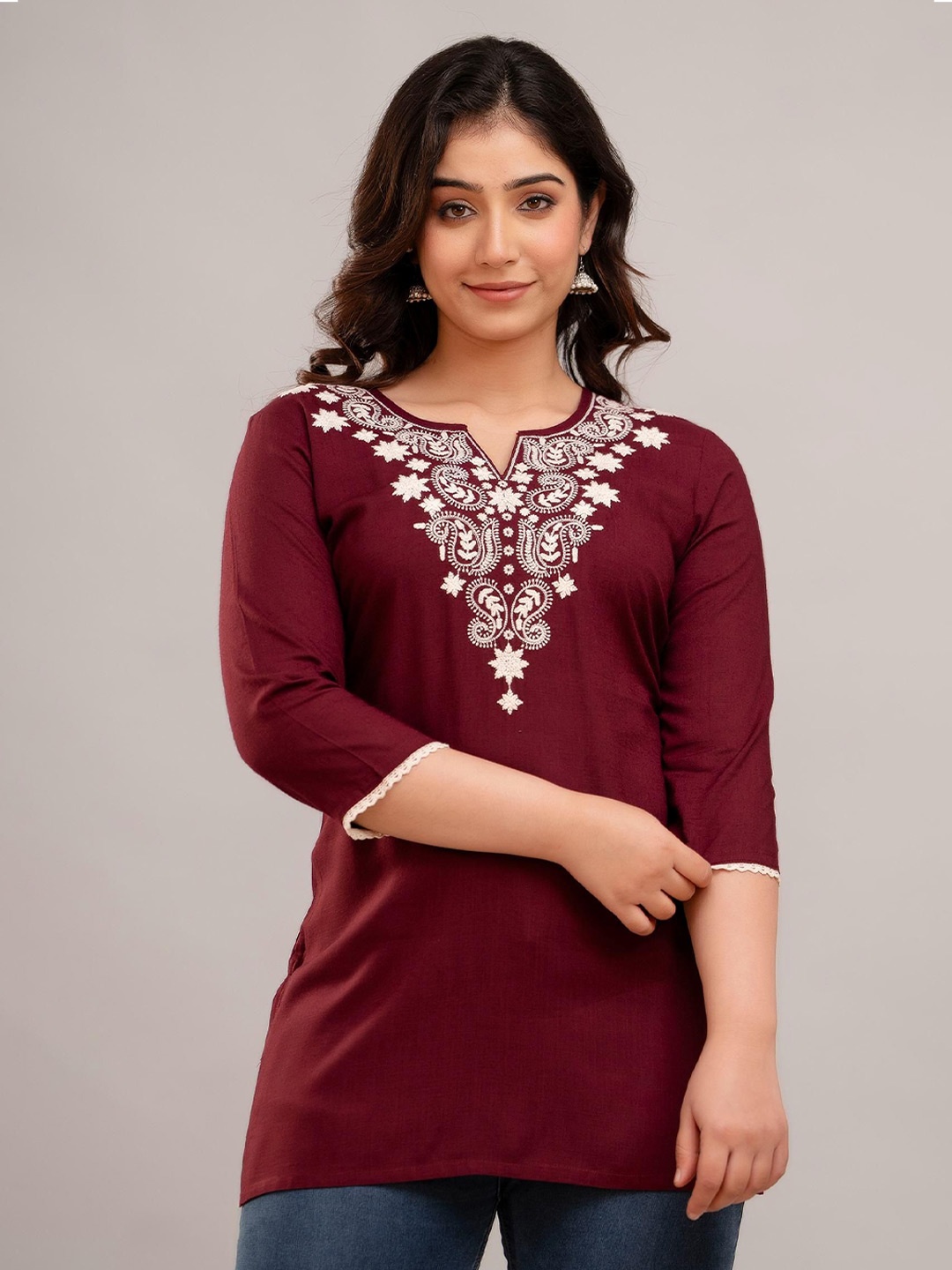 FASHION DEPTH Embroidered Thread Work Thread Work Kurti, Maroon
