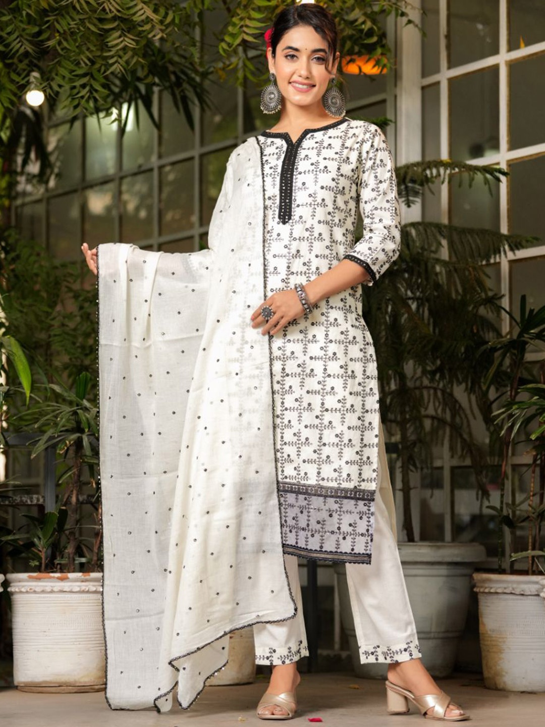 

KALINI Women Floral Embroidered Regular Thread Work Pure Cotton Kurta with Trousers & With Dupatta, White