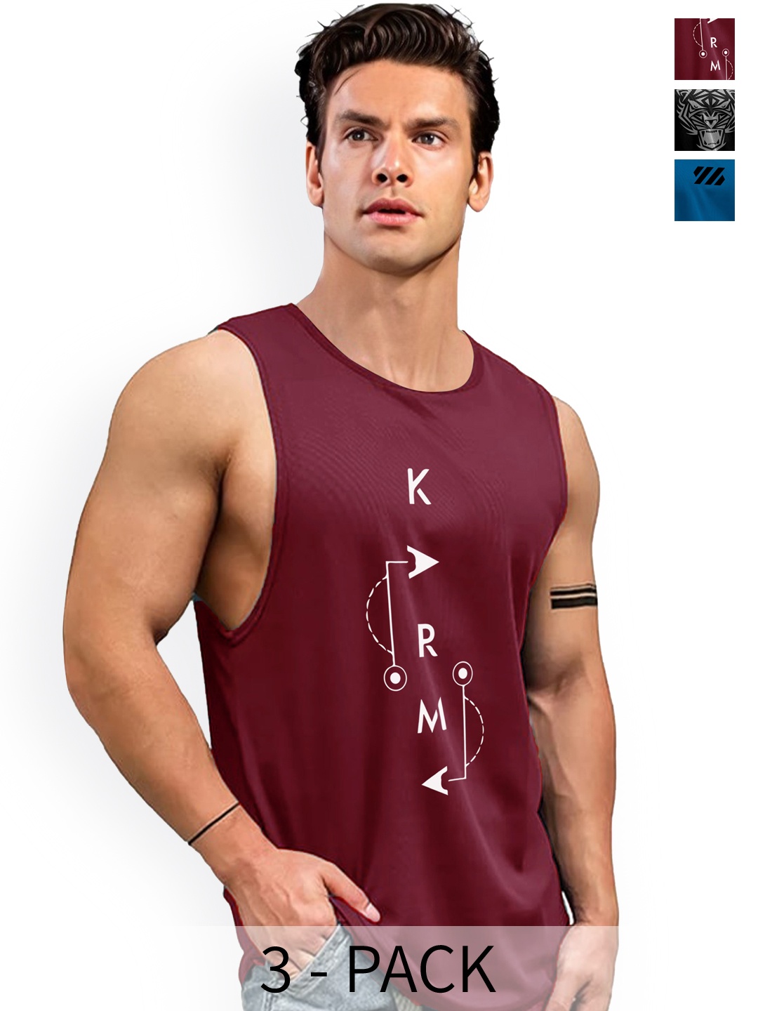 

AUSK Pack Of 3 Printed Innerwear Gym Vests A716+726+766, Maroon