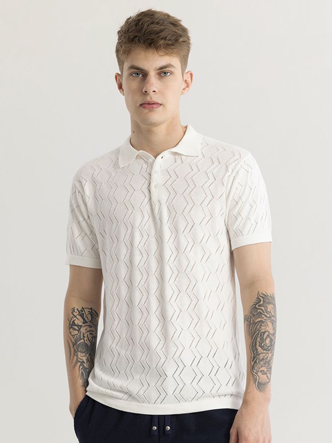 

Snitch Men Polo Collar Pockets Slim Fit T-shirt, White
