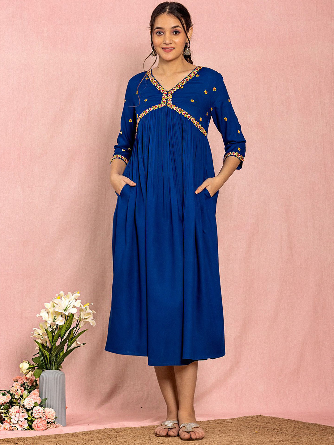 

HERE&NOW Embroidered Flared Midi Ethnic Dresses, Blue