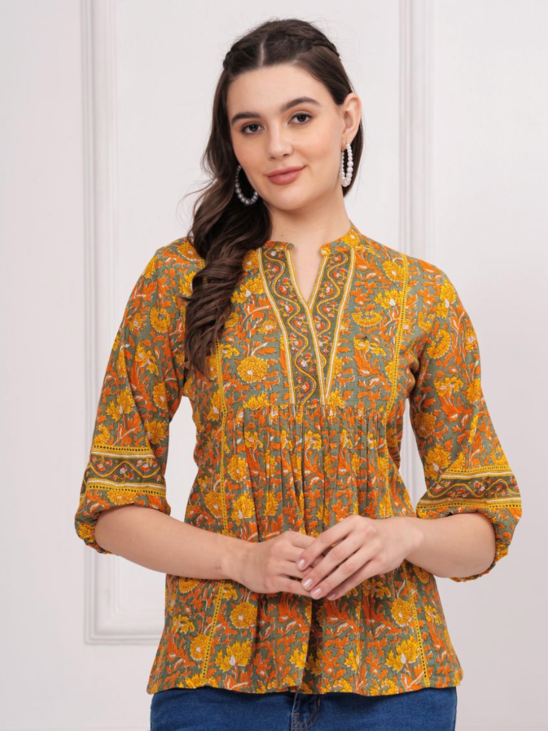 

KALINI Print Mandarin Collar Cotton Top, Yellow