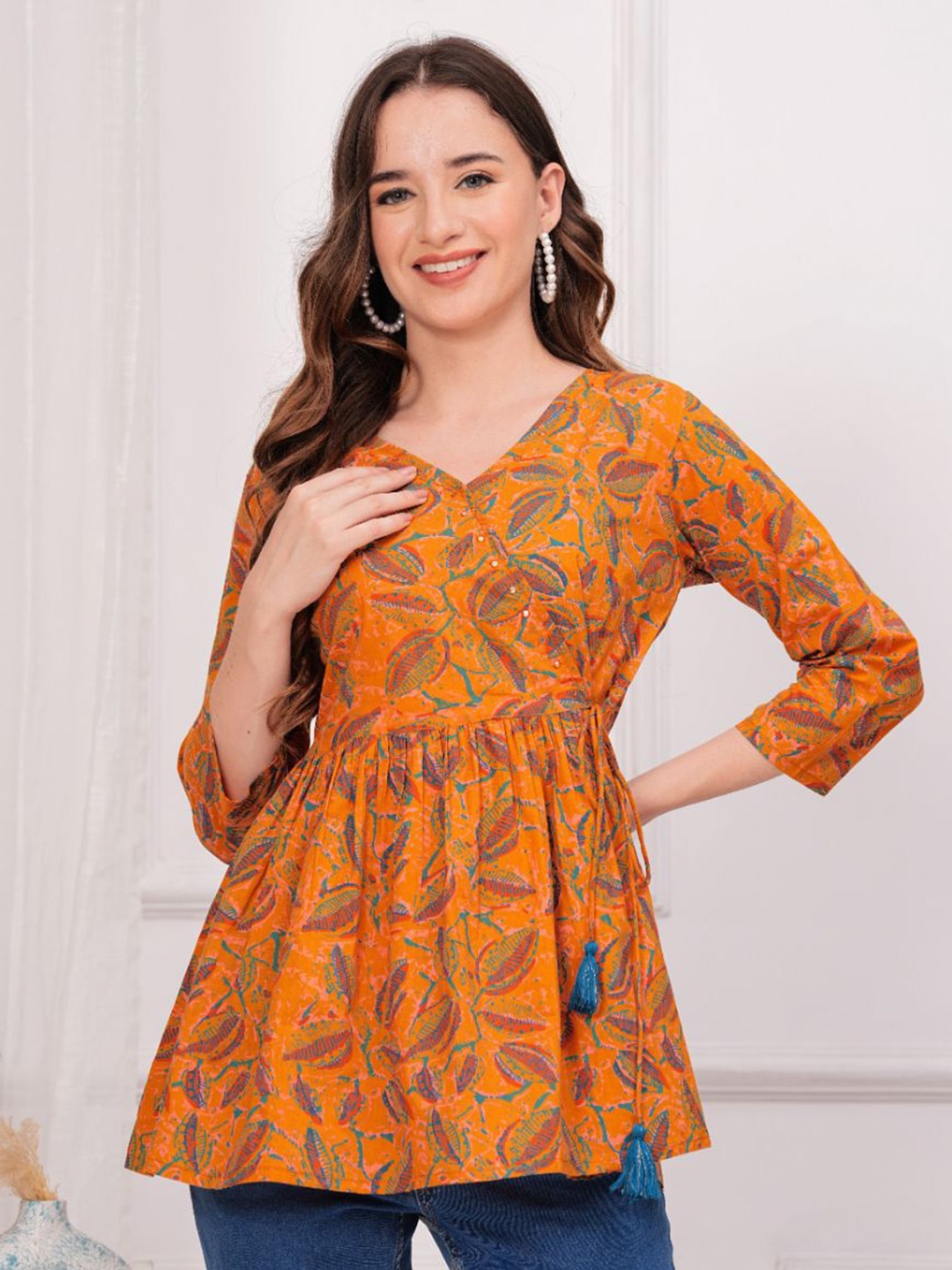

KALINI Print Cotton Empire Longline Top, Mustard
