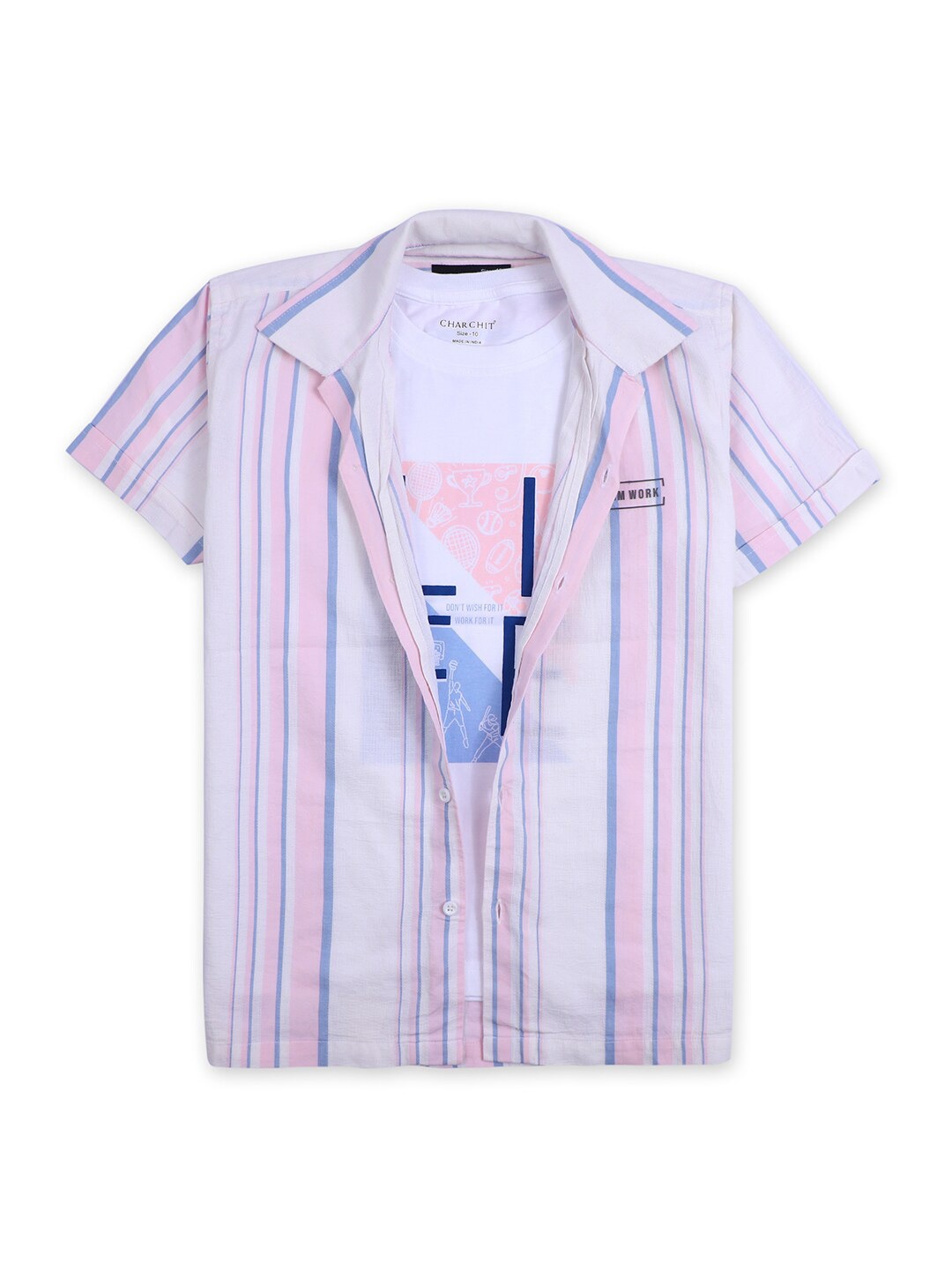 

CAVIO Boys Multi Stripes Opaque Striped Casual Shirt & T-Shirt, Pink