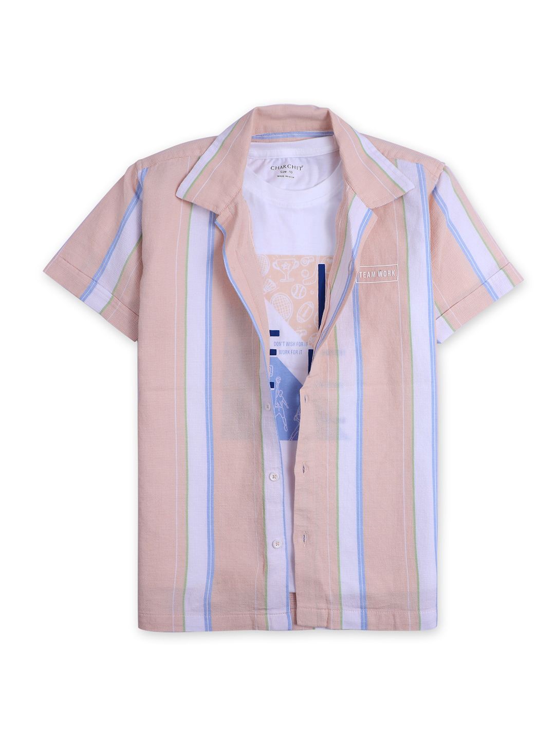 

CAVIO Boys Multi Stripes Opaque Striped Casual Shirt & T-Shirt, Peach