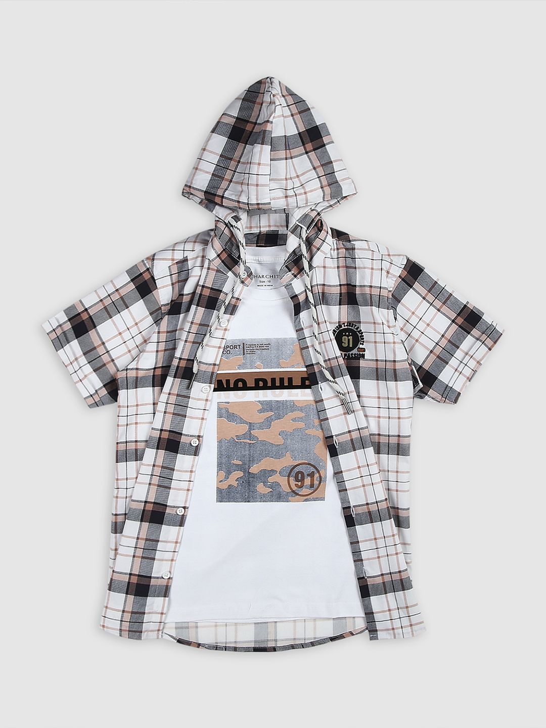 

Cavio Boys Tartan Checks Opaque Casual Shirt & T-Shirt, Orange