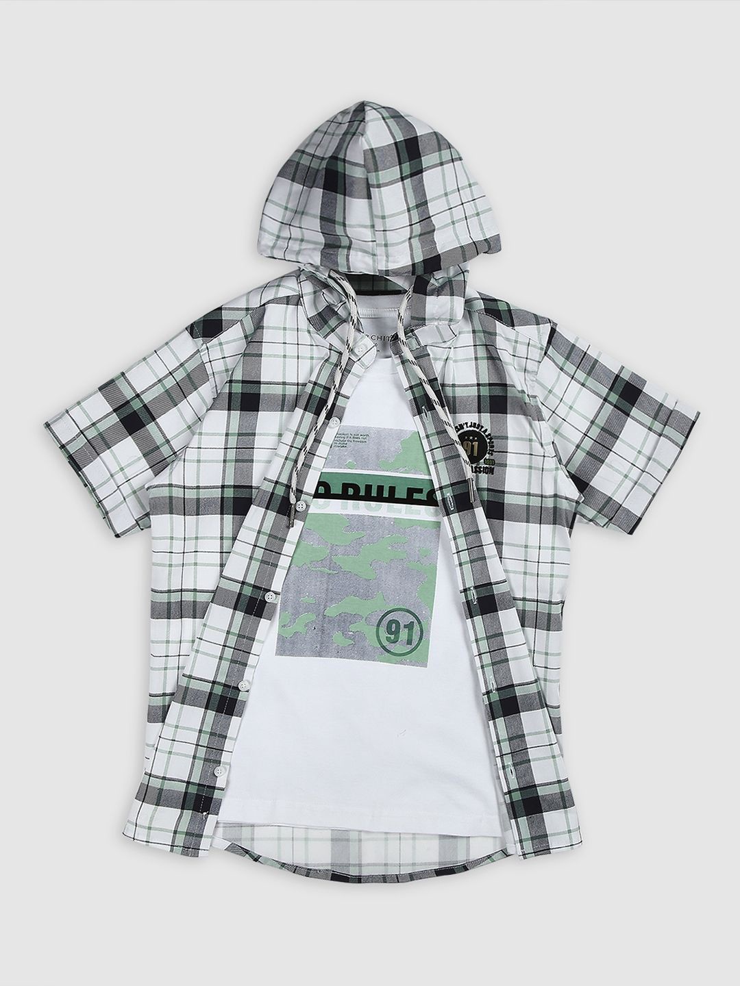 

CAVIO Boys Tartan Checks Opaque Checked Casual Shirt & T-Shirt, Green