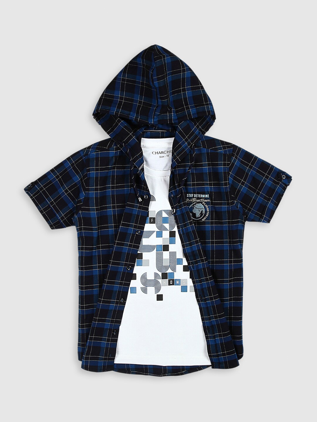 

CAVIO Boys Tartan Checks Opaque Checked Casual Shirt & T-Shirt, Blue