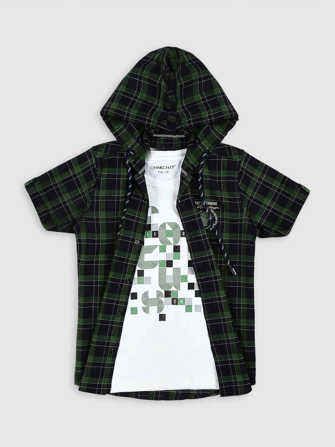 

CAVIO Boys Tartan Checks Opaque Checked Casual Shirt & T-Shirt, Green