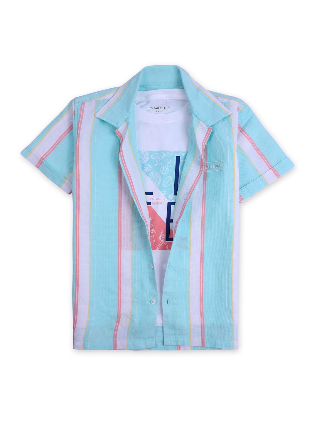 

CAVIO Boys Striped Casual Shirt & T-Shirt, Sea green