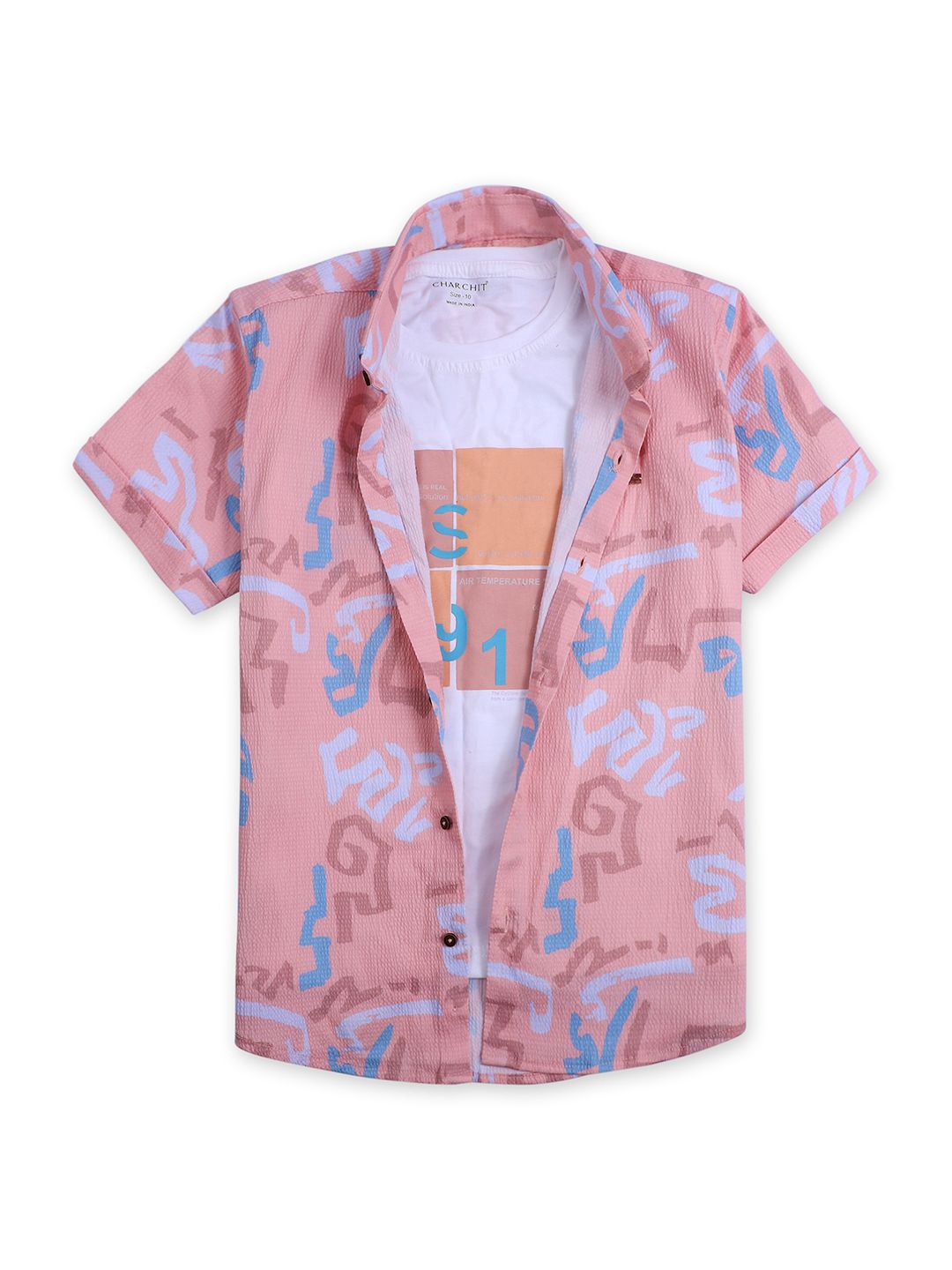 

CAVIO Boys Printed Casual Shirt & T-Shirt, Orange