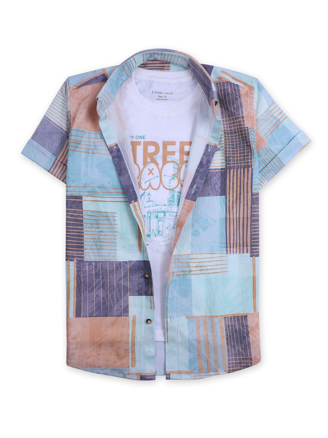 

CAVIO Boys Checked Casual Shirt & T-Shirt, Brown