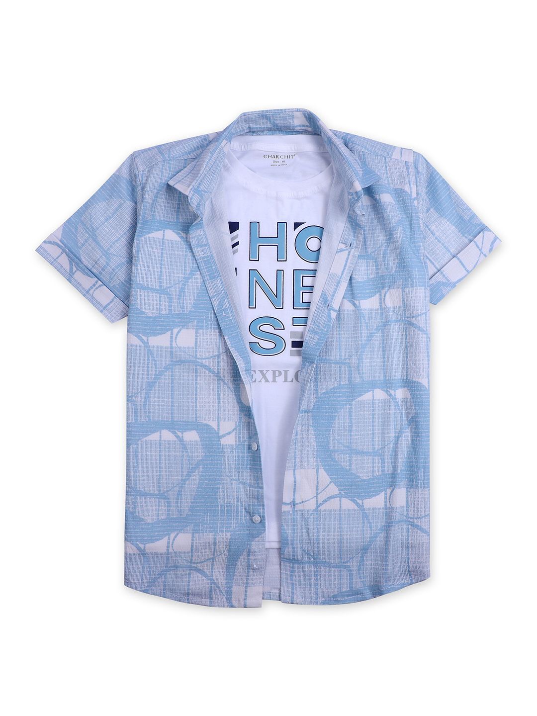 

CAVIO Boys Printed Casual Shirt & T-Shirt, Blue
