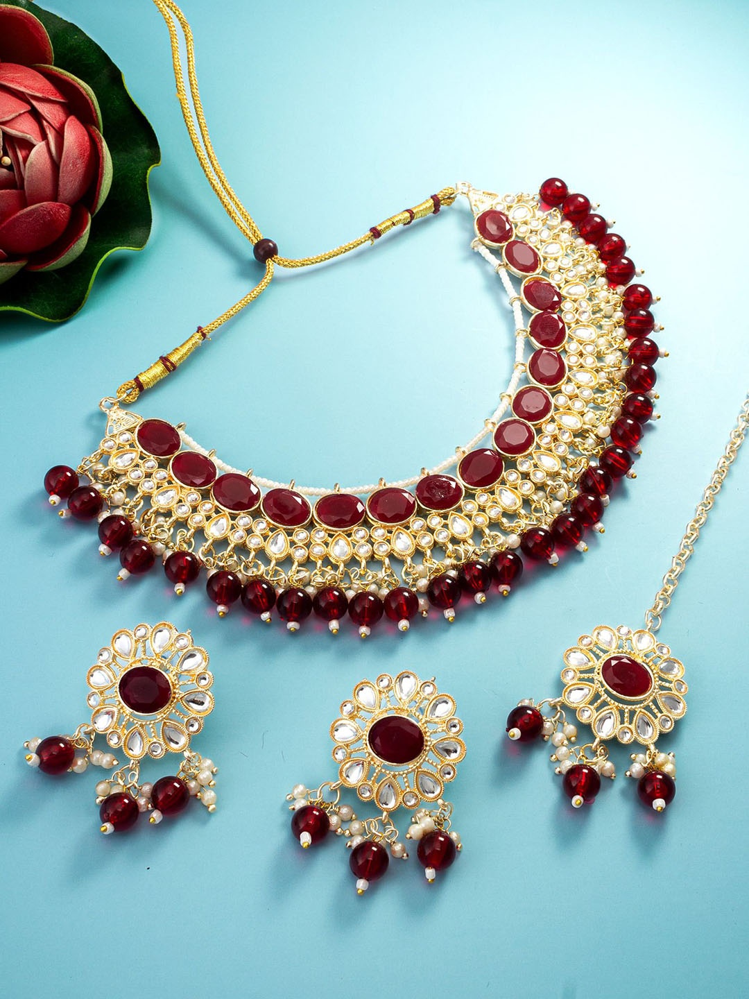 

aadita Stone-studded &Beaded Choker Jewellery Set, Gold