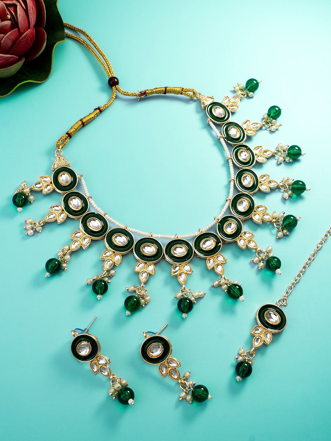 aadita Gold-Plated Stone-Studded & Beaded Jewellery Set