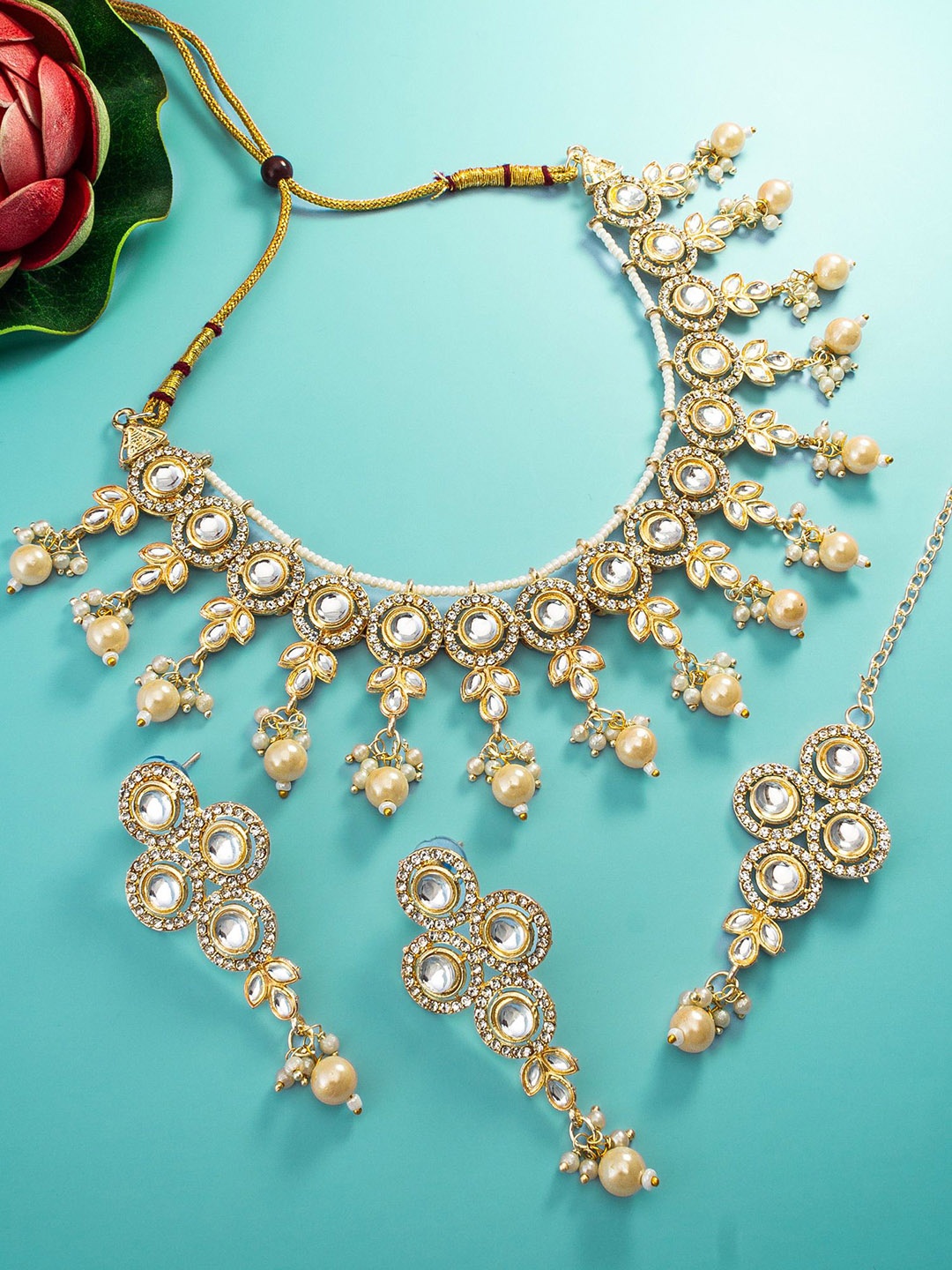 aadita Gold-Plated Stone-Studded & Beaded Jewellery Set