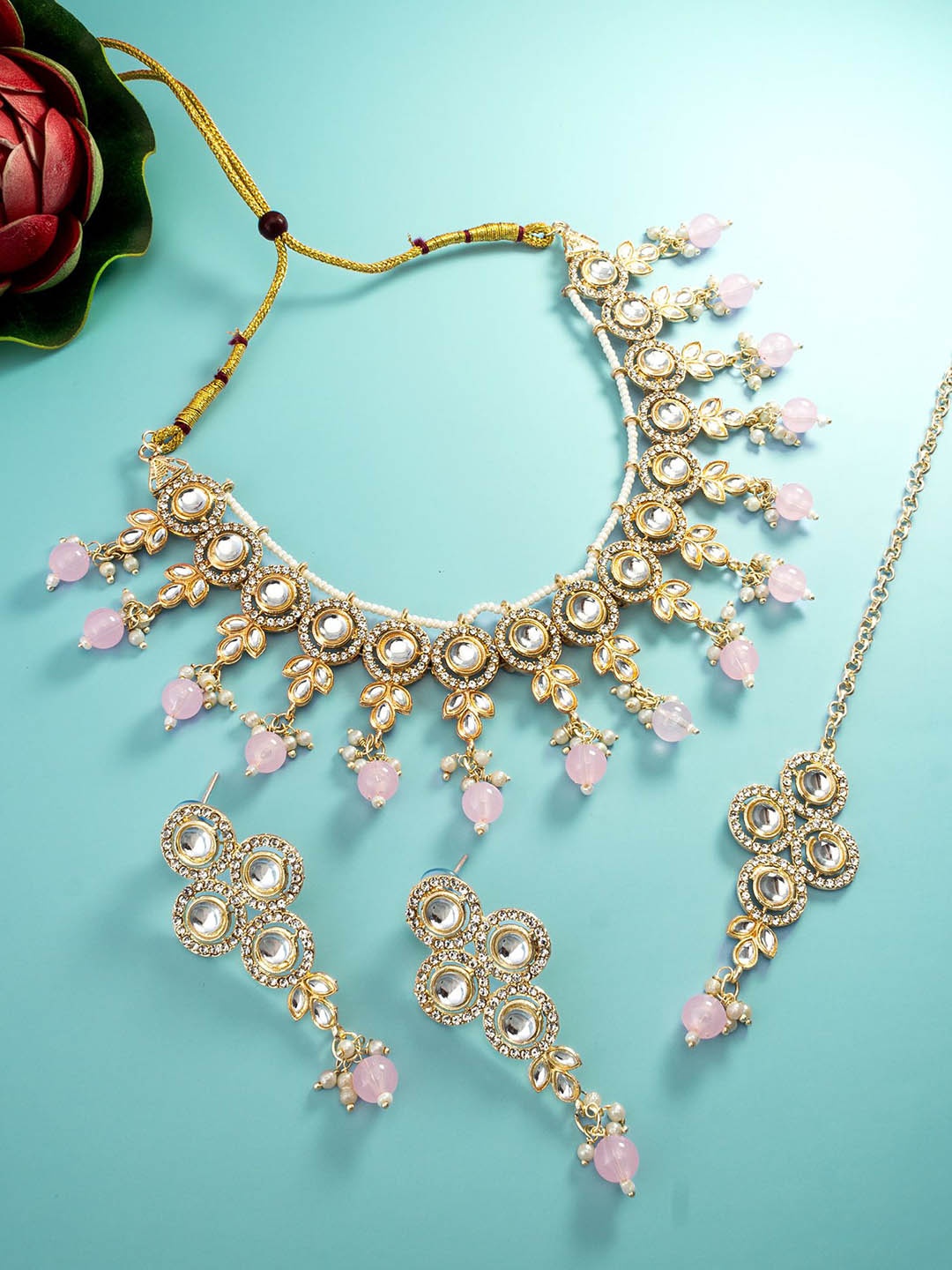 aadita Gold-Plated Stone-Studded & Beaded Jewellery Set