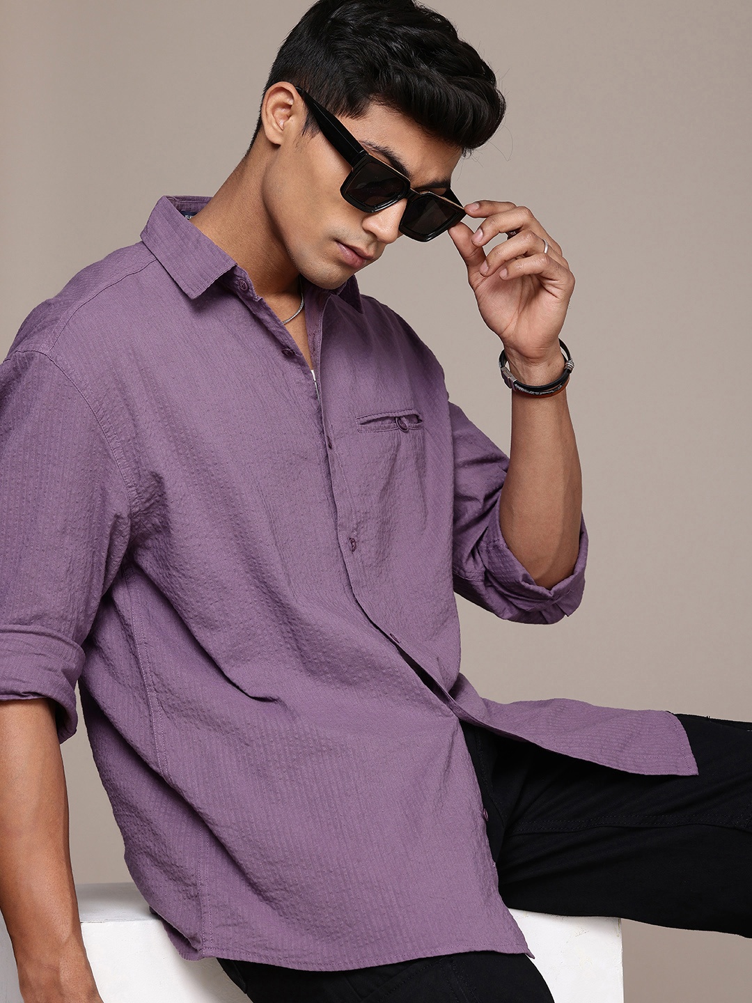 

The Roadster Life Co. Relaxed Fit Self Striped Pure Cotton Casual Shirt, Purple