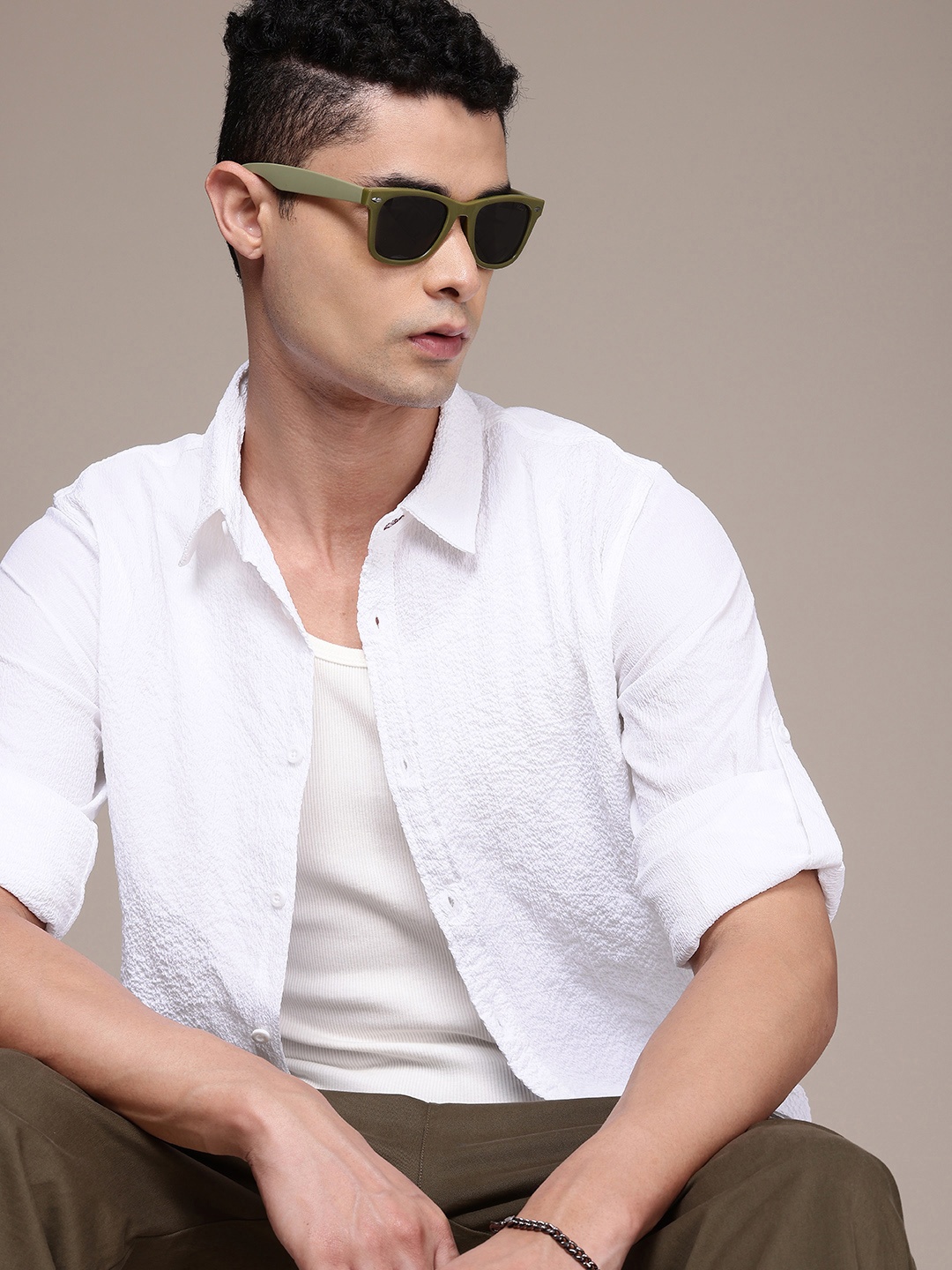

The Roadster Life Co. Roll-Up Sleeves Seersucker Casual Shirt, White