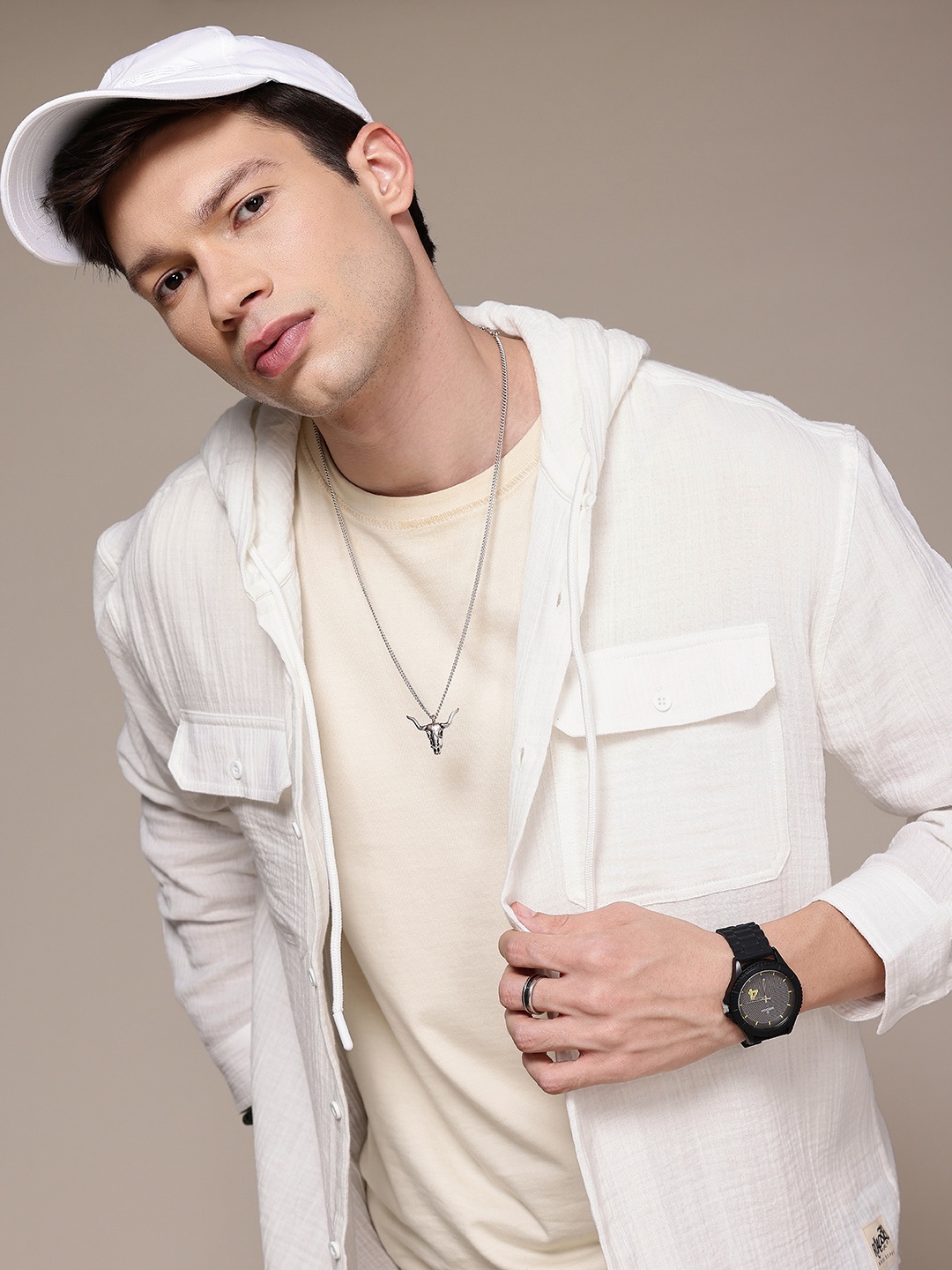 

The Roadster Life Co. Pure Cotton Relaxed Fit Hooded Shirt with Double Flap Pockets, White
