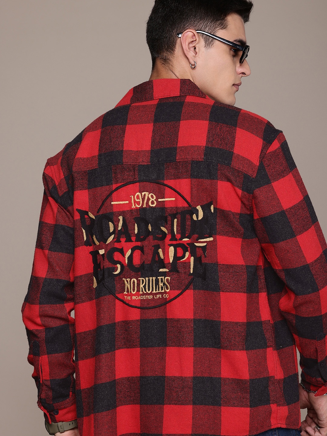

The Roadster Life Co. Buffalo Checked Embroidered Relaxed Fit Casual Shacket, Red