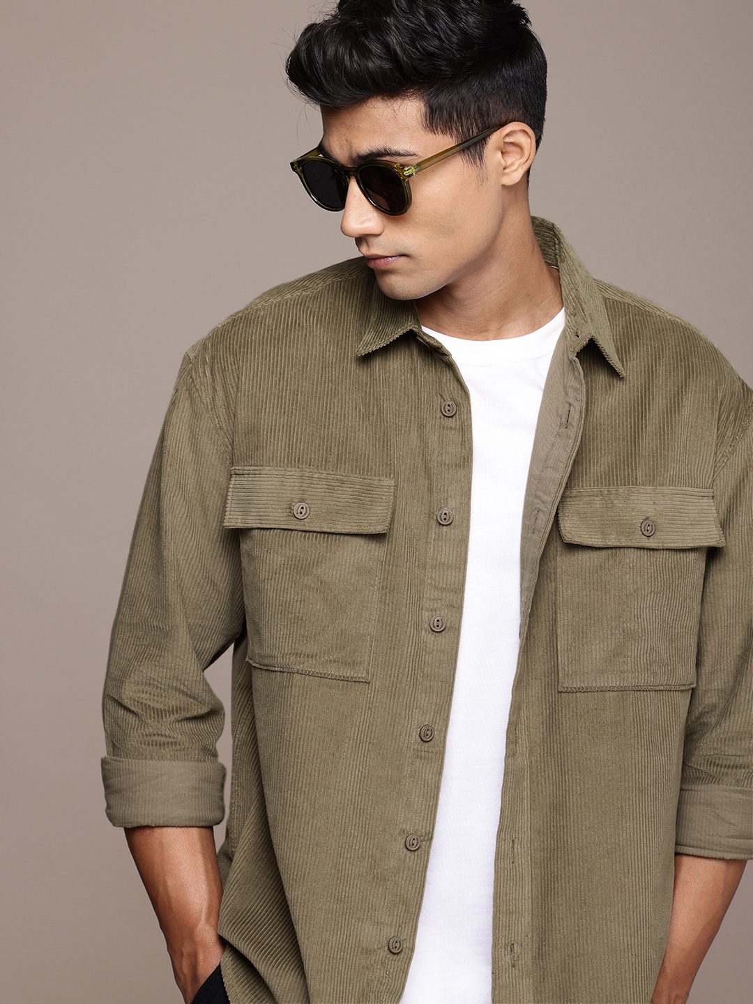 

The Roadster Life Co. Corduroy Relaxed Fit Pure Cotton Casual Shacket, Olive