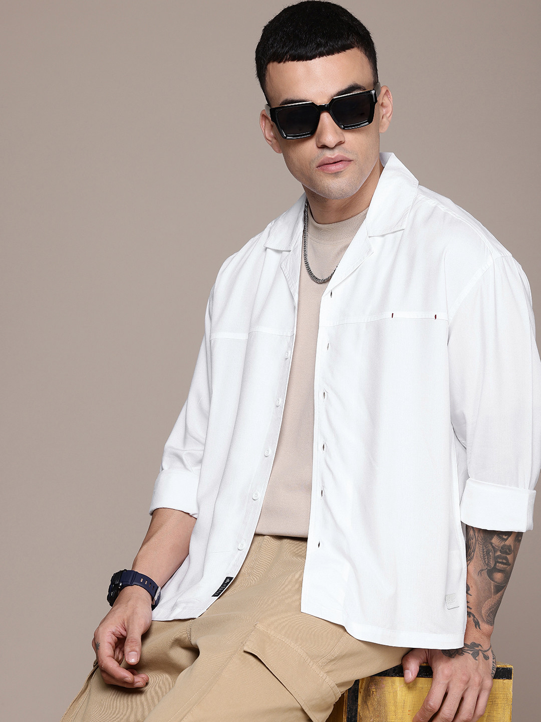 

The Roadster Life Co. Cuban Collar Drop-Shoulder Sleeves Relaxed Fit Casual Shirt, White