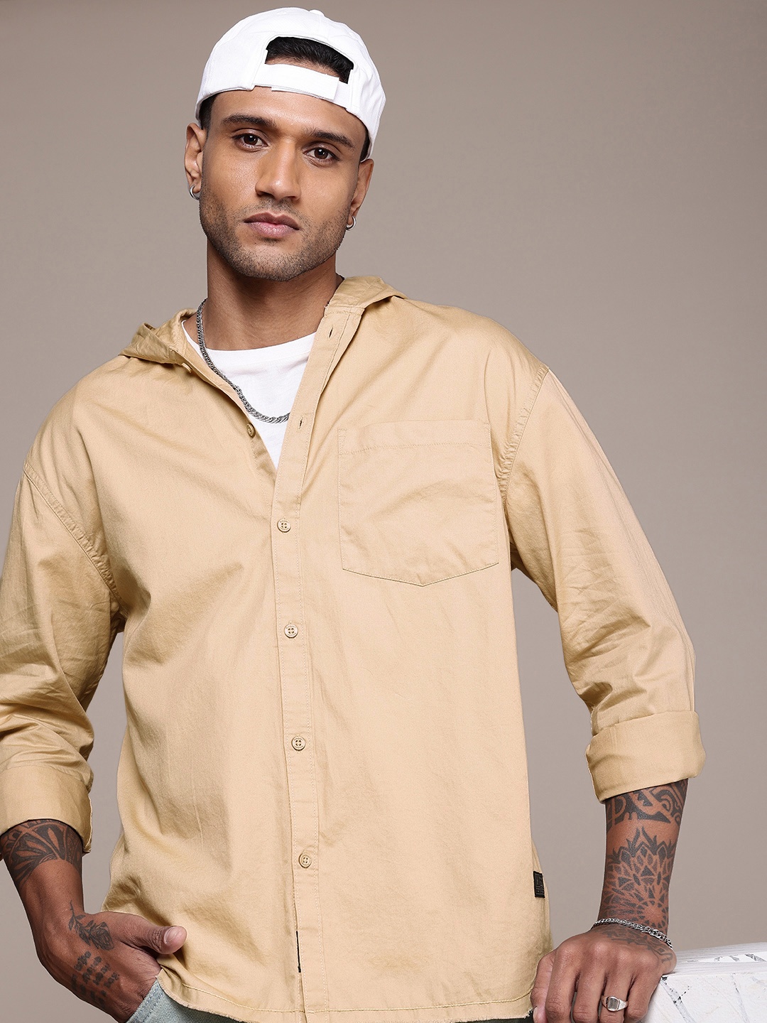 

The Roadster Life Co. Pure Cotton Hooded Drop-Shoulder Sleeves Relaxed Fit Casual Shirt, Beige
