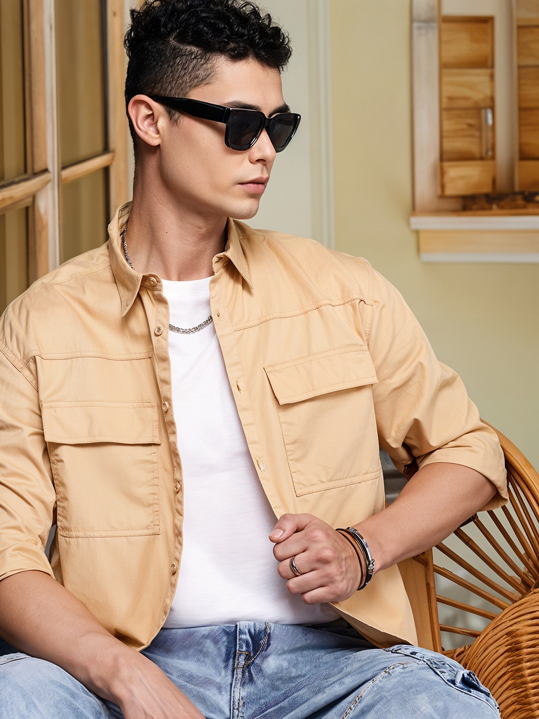 

The Roadster Life Co. Relaxed Fit Drop-Shoulder Sleeves Pure Cotton Casual Shirt, Camel brown